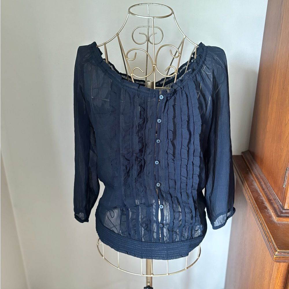 Abercrombie & Fitch Sheer Ruffle Button Blouse Size XS Navy